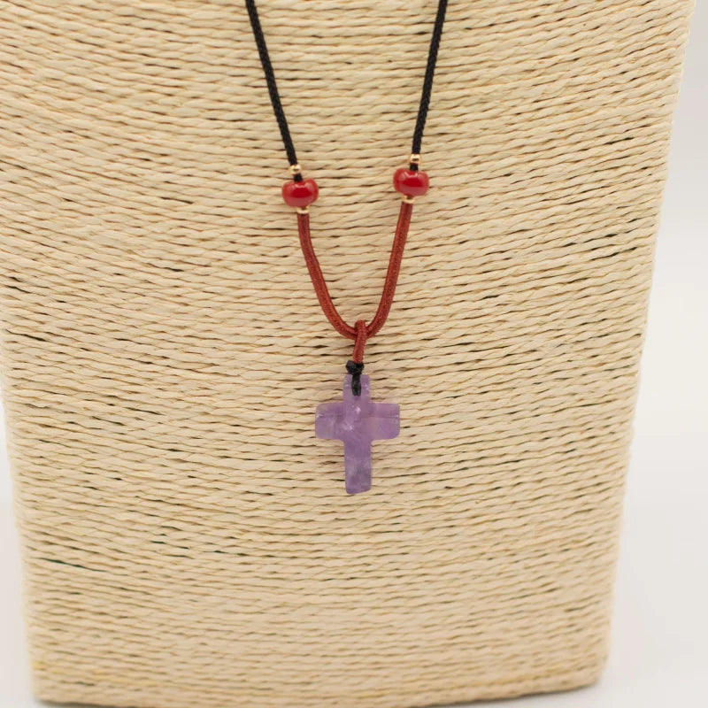Cord Necklace Gemstone Pendant - Amethyst Cross Pendants