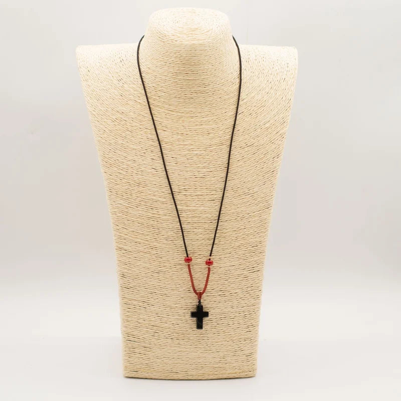 Cord Necklace Gemstone Pendant - Black Agate Cross Pendants