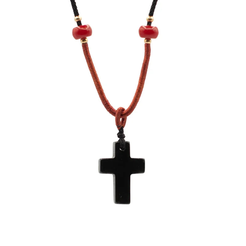Cord Necklace Gemstone Pendant - Black Agate Cross Pendants