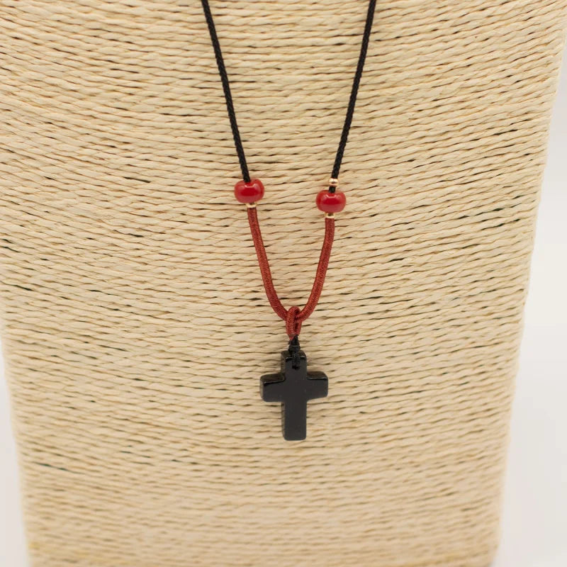 Cord Necklace Gemstone Pendant - Black Agate Cross Pendants