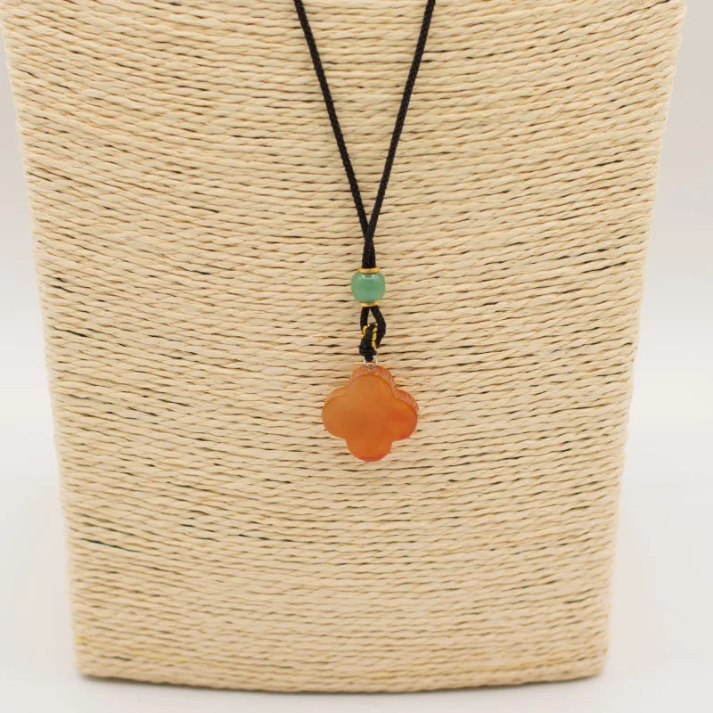 Cord Necklace Gemstone Pendant - Red Jade Clover Pendants
