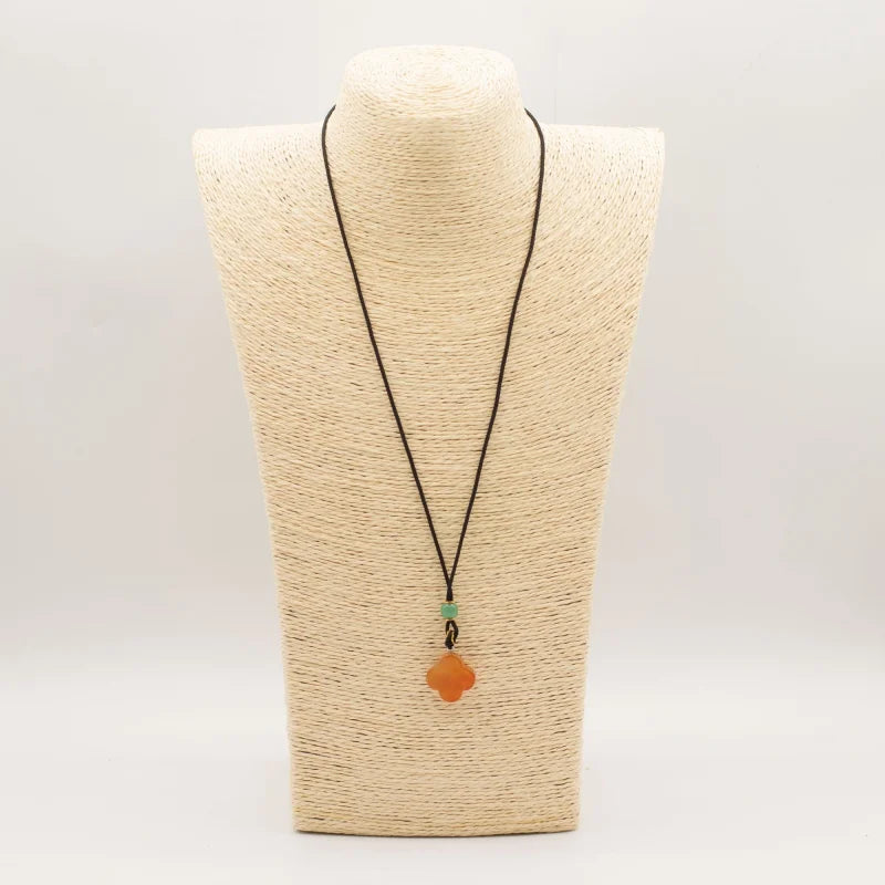 Cord Necklace Gemstone Pendant - Red Jade Clover Pendants
