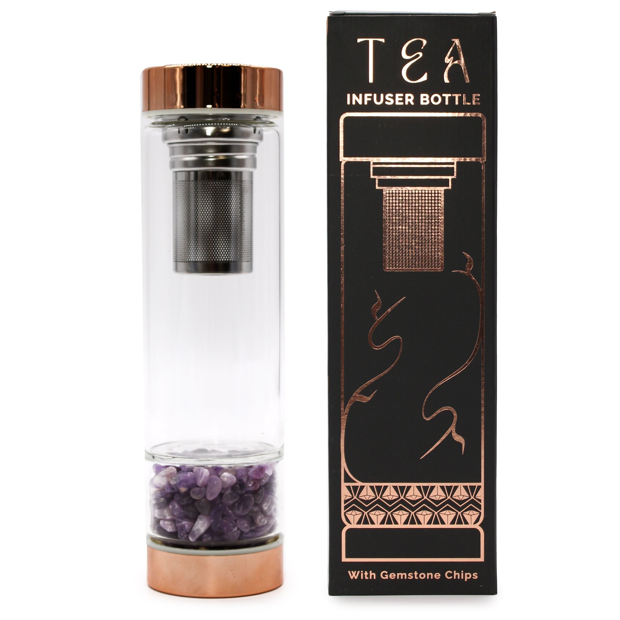 Crystal Glass Tea Infuser Bottle - Rose Gold - Amethyst From Witch, Please!