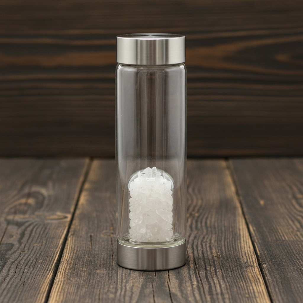 Crystal Infused Glass Water Bottle - Cleansing Clear Quartz - Chips 500 ml