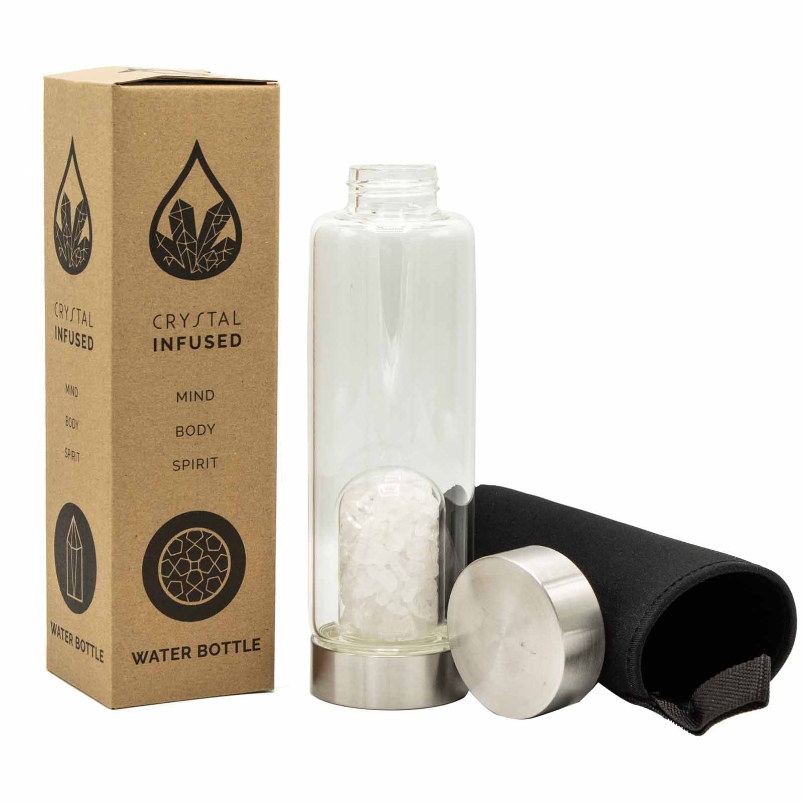 Crystal Infused Glass Water Bottle - Cleansing Clear Quartz - Chips 500 ml