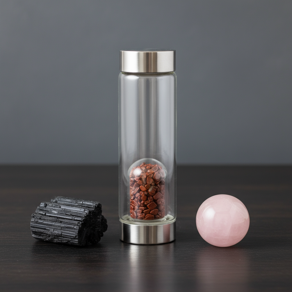 Crystal Infused Glass Water Bottle - Invigorating Red Jasper - Chips 500 ml