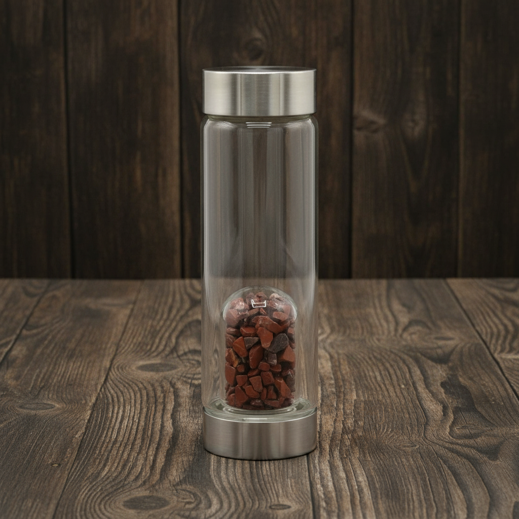 Crystal Infused Glass Water Bottle - Invigorating Red Jasper - Chips 500 ml