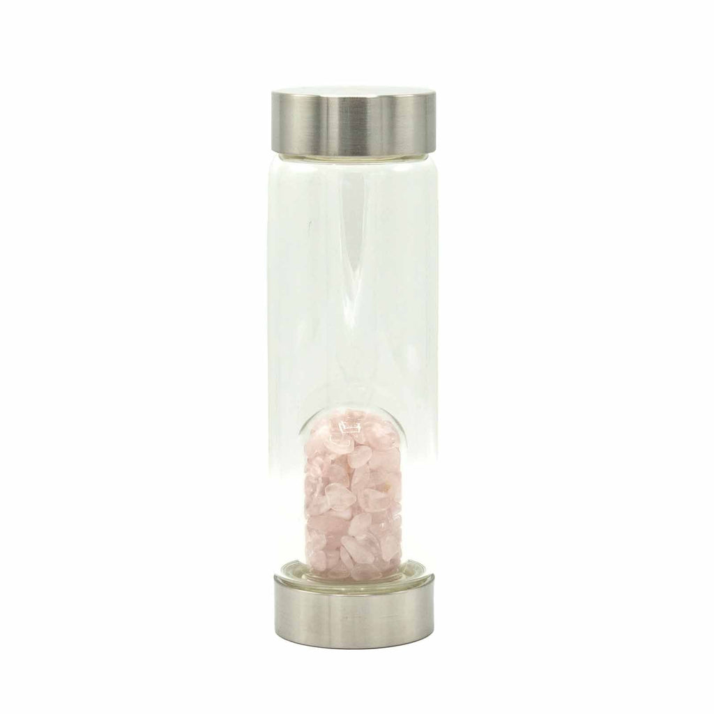 Crystal Infused Glass Water Bottle - Rejuvenating Rose Quartz - Chips 500 ml