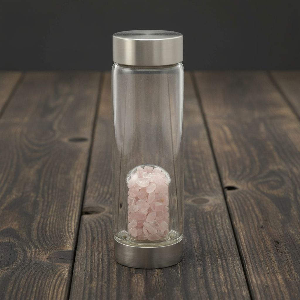 Crystal Infused Glass Water Bottle - Rejuvenating Rose Quartz - Chips 500 ml