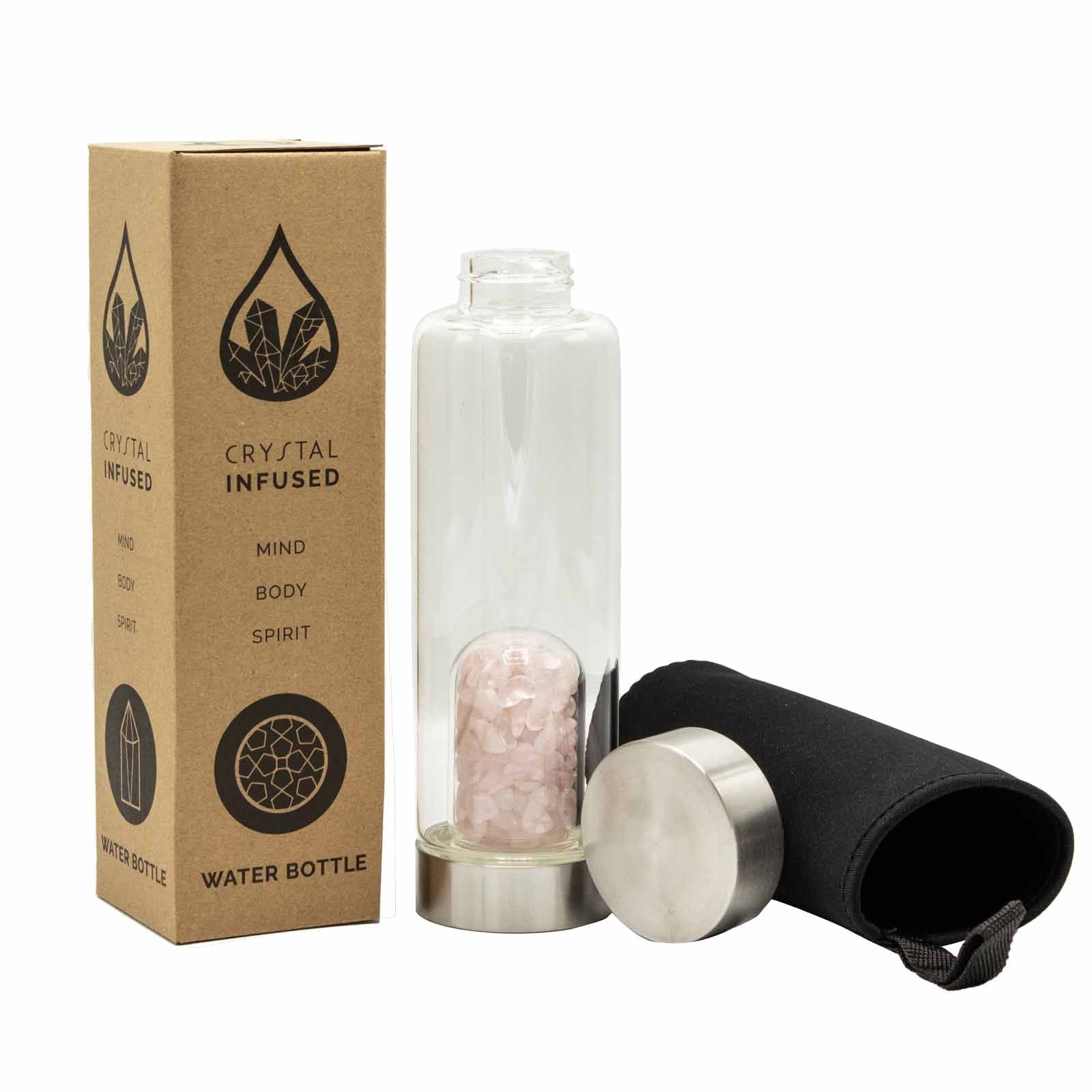 Crystal Infused Glass Water Bottle - Rejuvenating Rose Quartz - Chips 500 ml