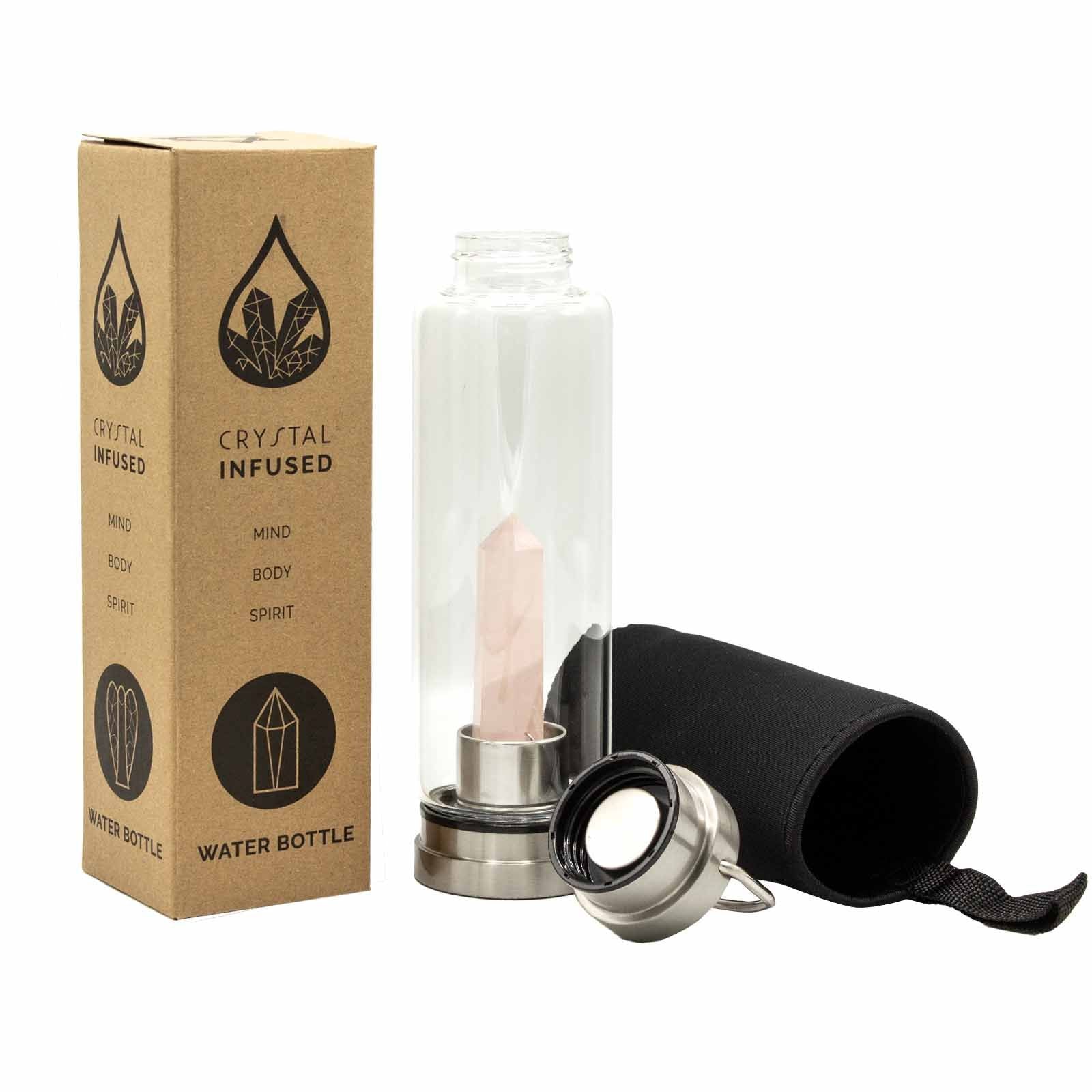 Crystal Infused Glass Water Bottle - Rejuvenating Rose Quartz - Obelisk - Crystal Infused Glass Bottle 500 ml