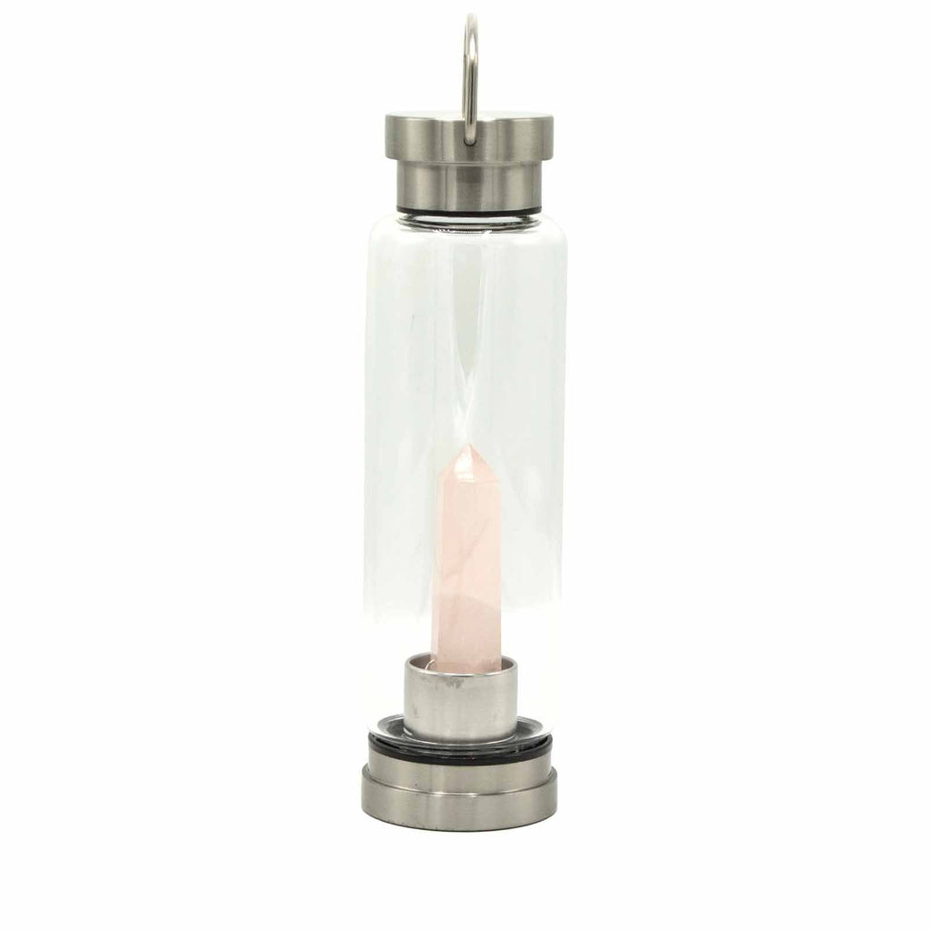 Crystal Infused Glass Water Bottle - Rejuvenating Rose Quartz - Obelisk - Crystal Infused Glass Bottle 500 ml