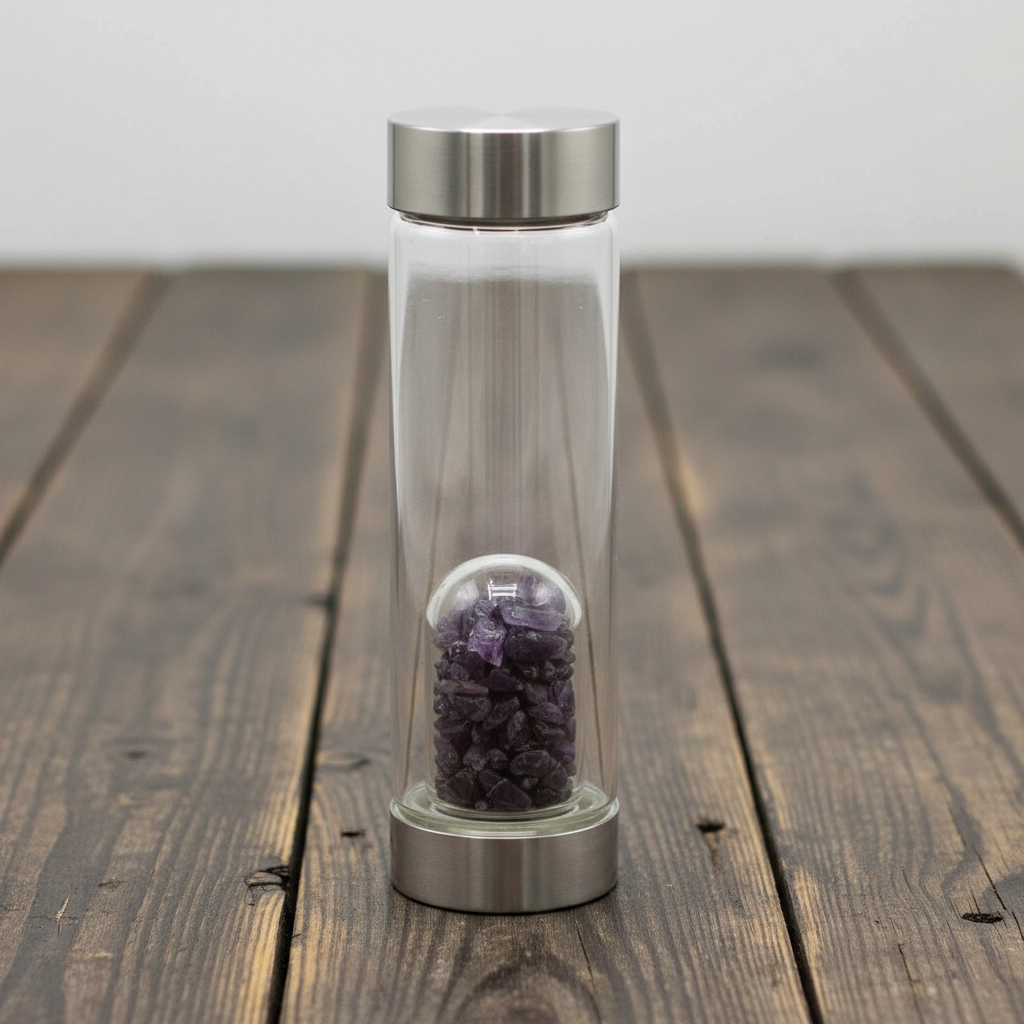 Crystal Infused Glass Water Bottle - Relaxing Amethyst - Chips 500 ml