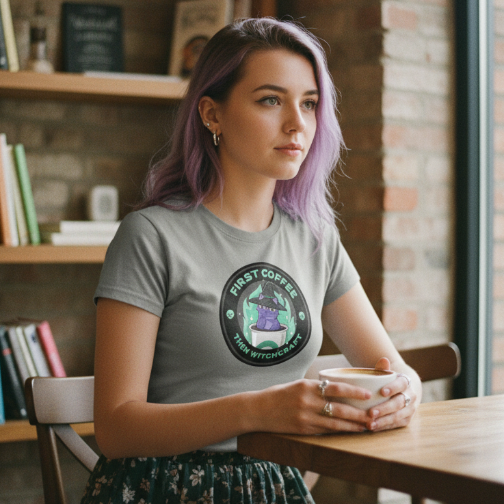 First Coffee Then Witchcraft Classic Womens Crewneck Grey T-shirt