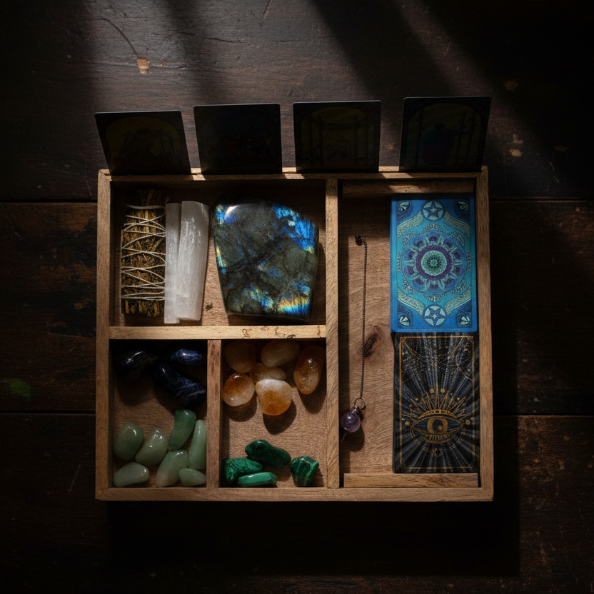 Four Section Tarot Box with Card Holder Storage & Reading Boxes