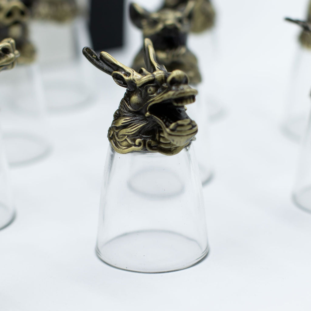 Gift Set of 12 Bottom Up Shot Glasses (25ml) - Chinese Zodiac Animals - Antique Bronze Mystical Creatures
