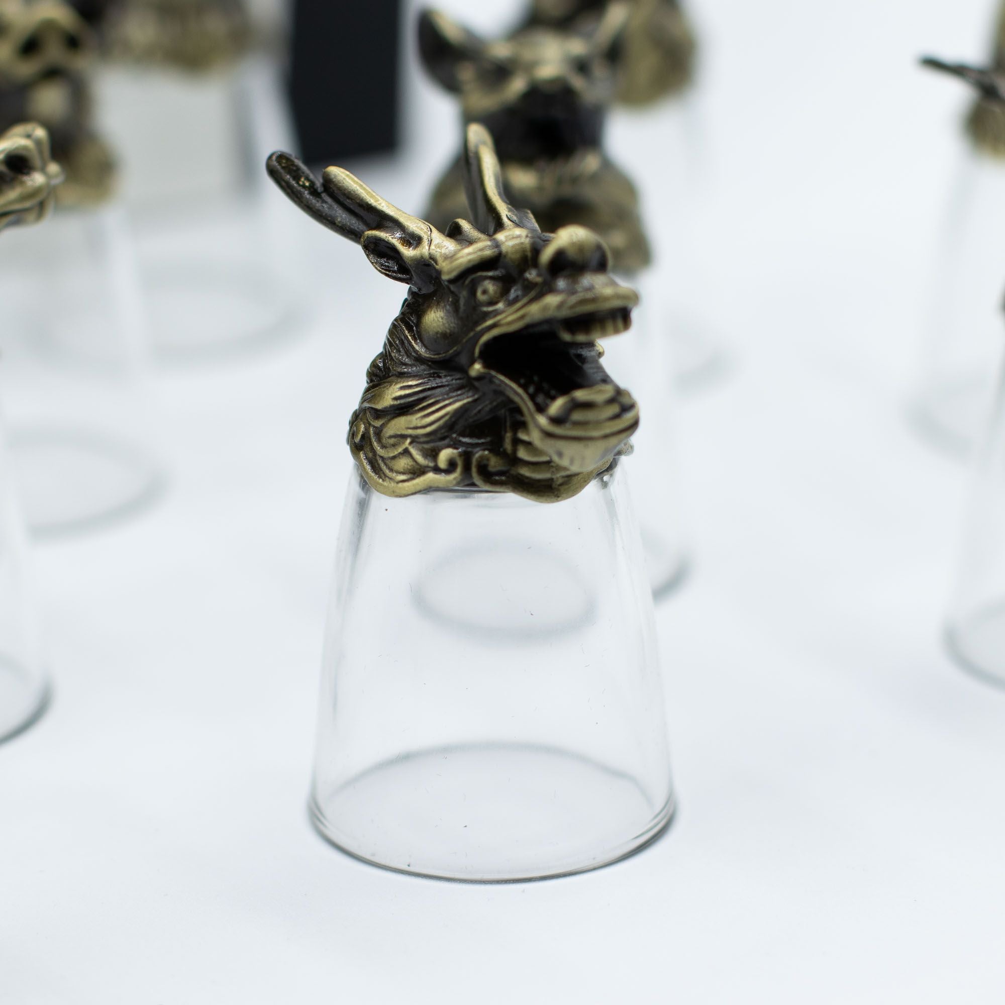 Gift Set of 12 Bottom Up Shot Glasses (25ml) - Chinese Zodiac Animals - Antique Bronze Mystical Creatures