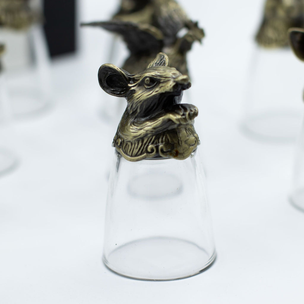 Gift Set of 12 Bottom Up Shot Glasses (25ml) - Chinese Zodiac Animals - Antique Bronze Mystical Creatures