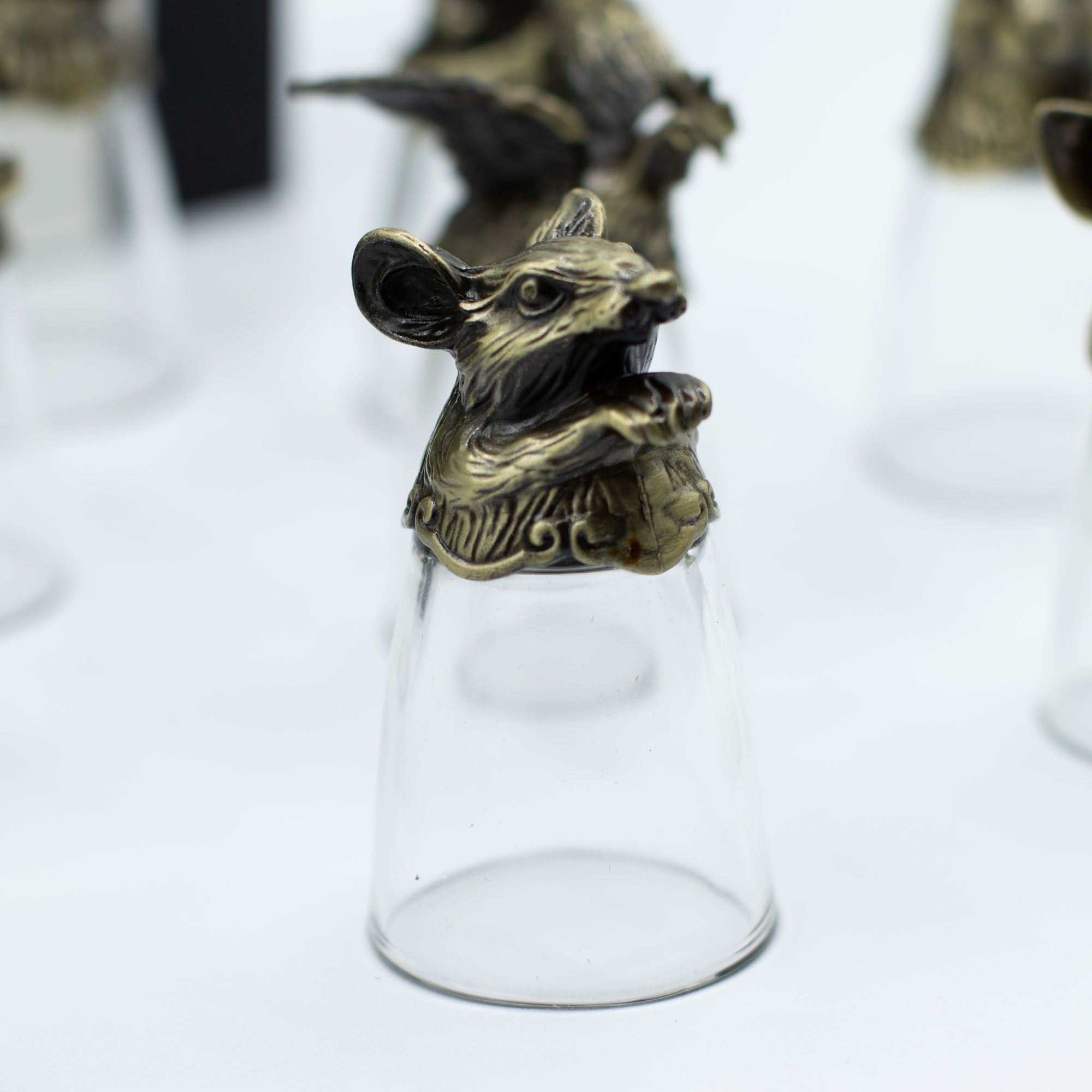 Gift Set of 12 Bottom Up Shot Glasses (25ml) - Chinese Zodiac Animals - Antique Bronze Mystical Creatures