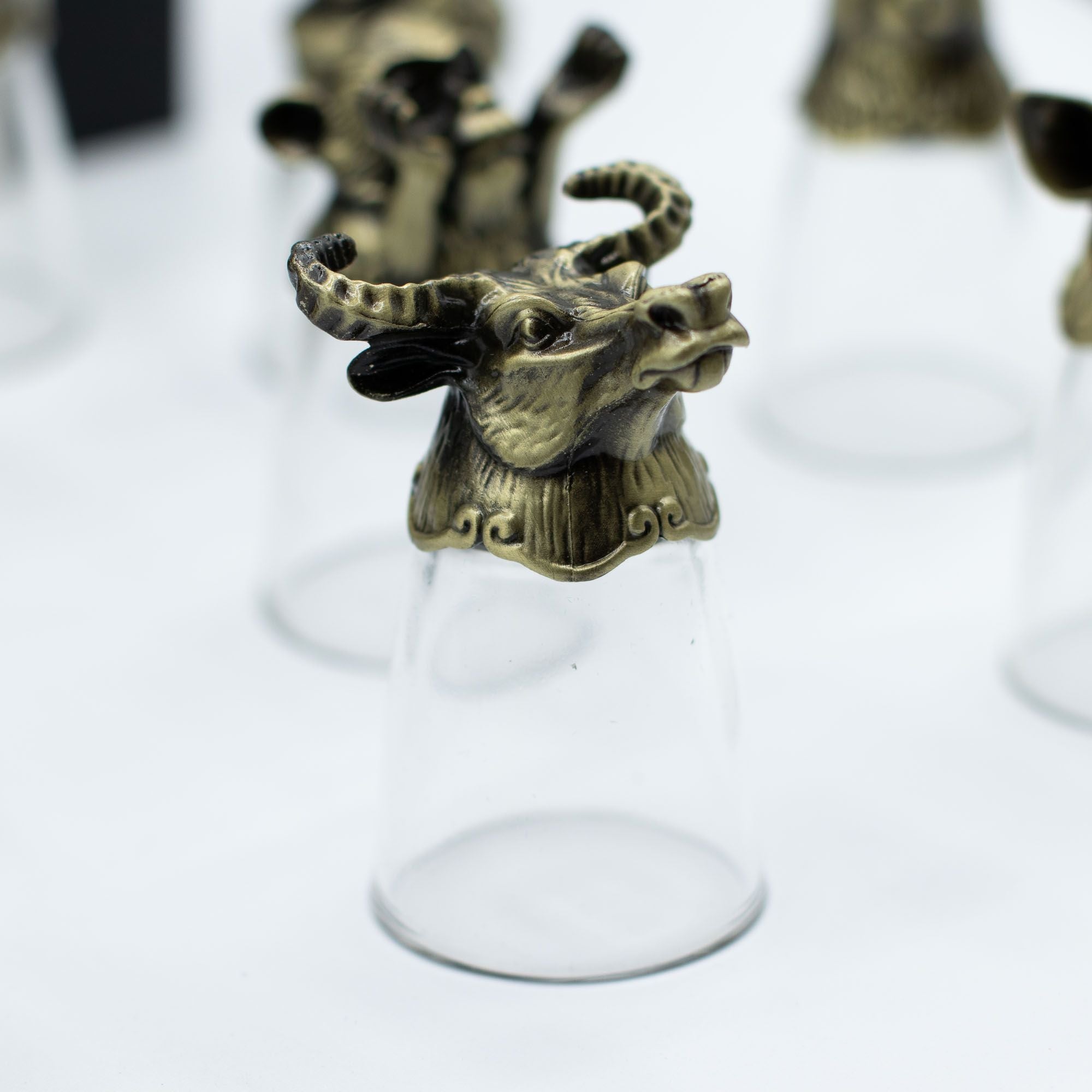 Gift Set of 12 Bottom Up Shot Glasses (25ml) - Chinese Zodiac Animals - Antique Bronze Mystical Creatures