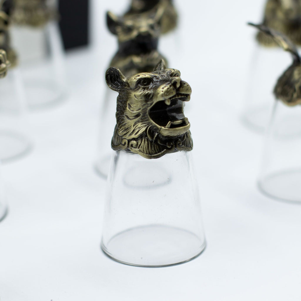 Gift Set of 12 Bottom Up Shot Glasses (25ml) - Chinese Zodiac Animals - Antique Bronze Mystical Creatures