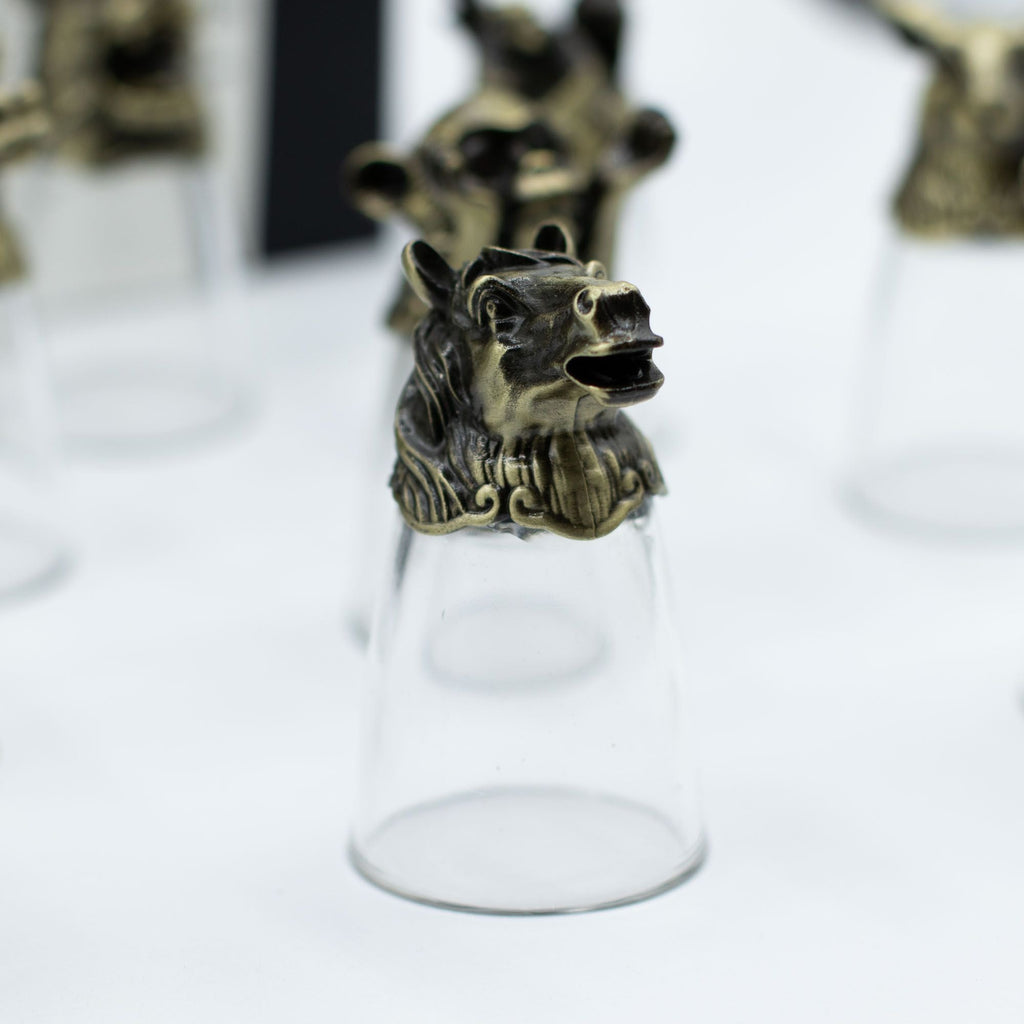 Gift Set of 12 Bottom Up Shot Glasses (25ml) - Chinese Zodiac Animals - Antique Bronze Mystical Creatures