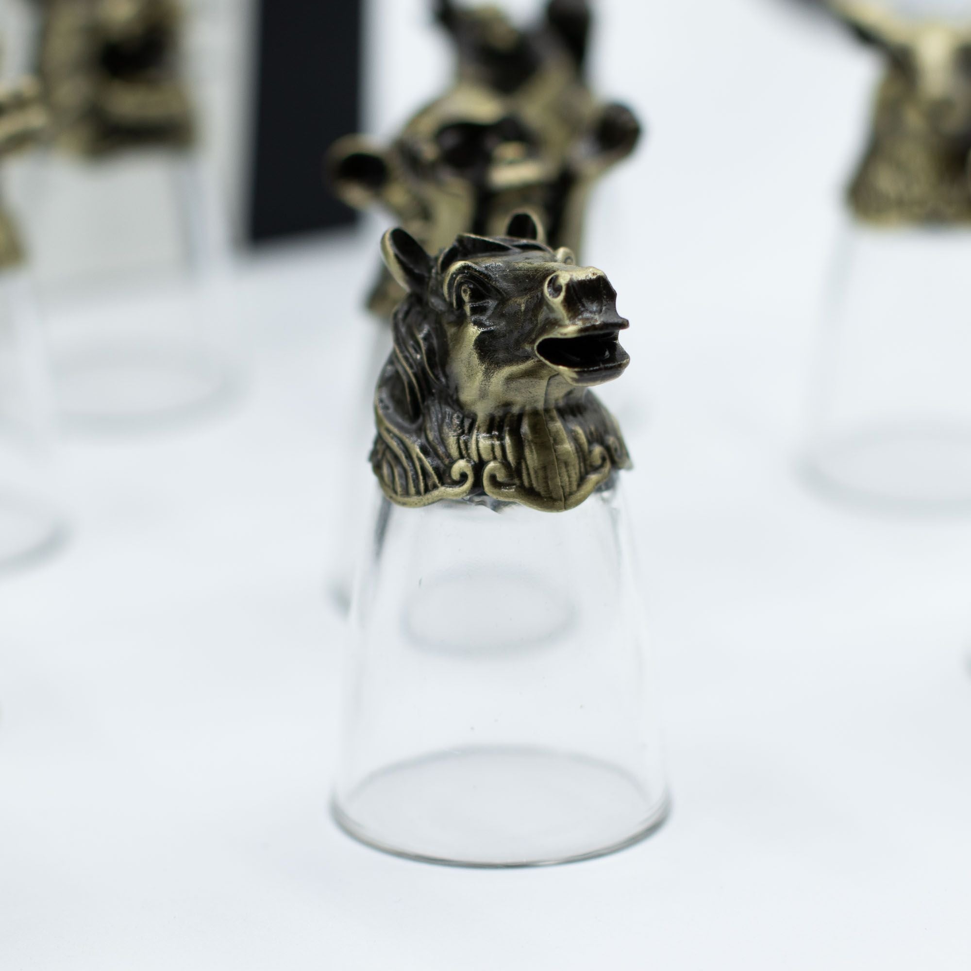 Gift Set of 12 Bottom Up Shot Glasses (25ml) - Chinese Zodiac Animals - Antique Bronze Mystical Creatures