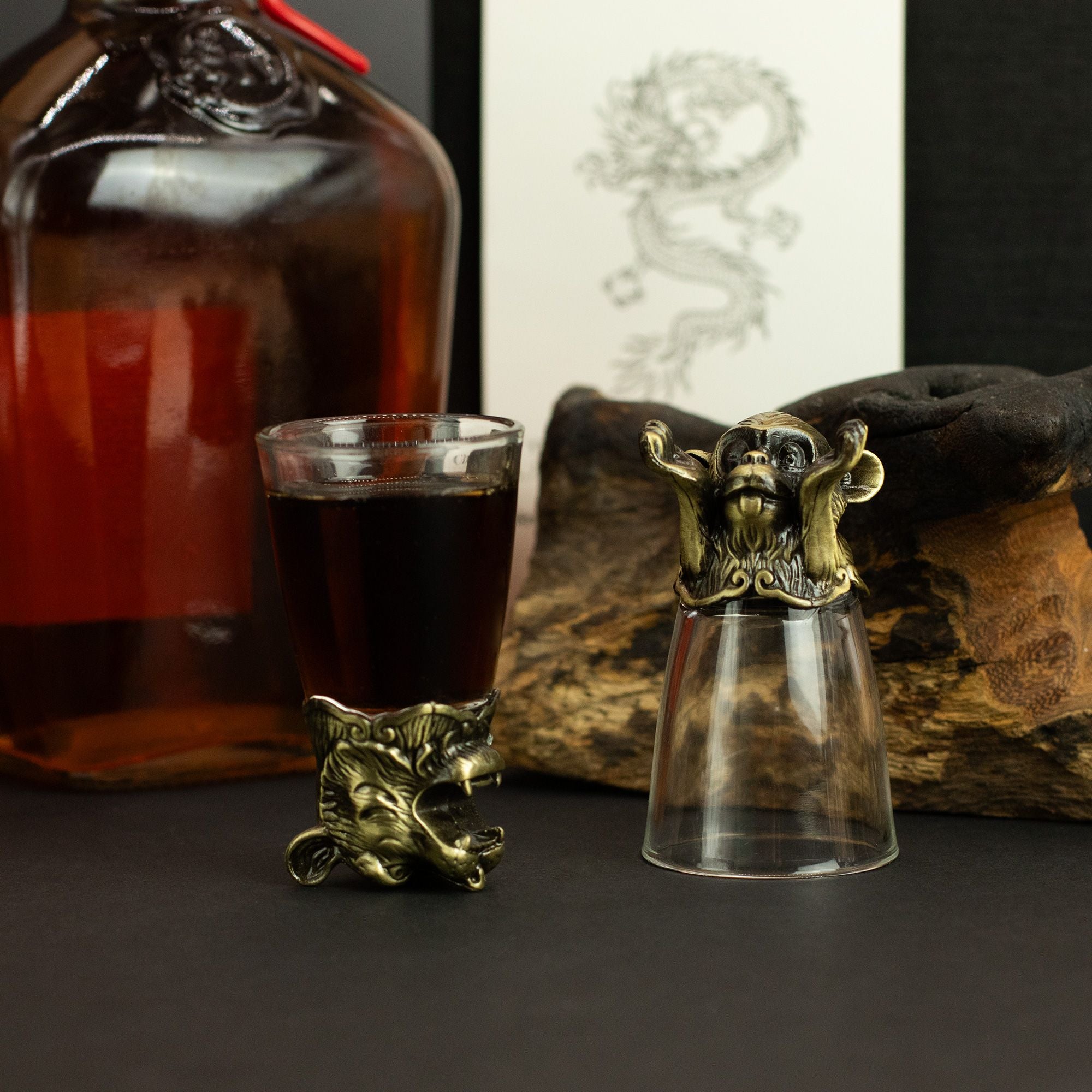 Gift Set of 12 Bottom Up Shot Glasses (25ml) - Chinese Zodiac Animals - Antique Bronze Mystical Creatures