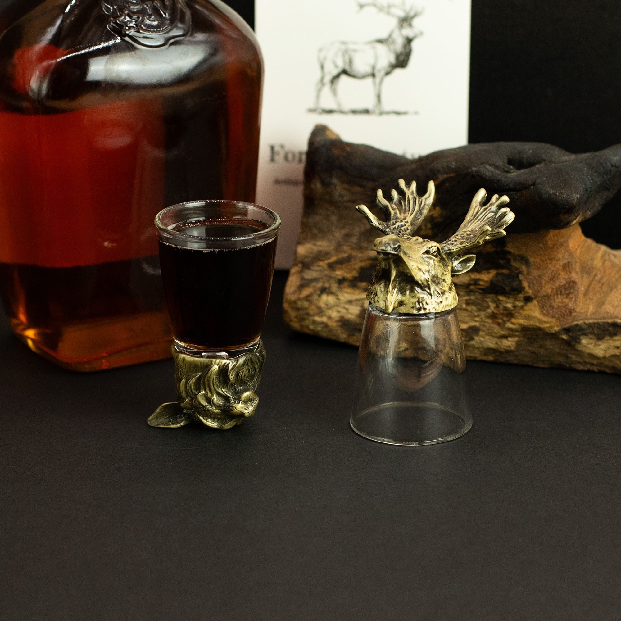 Gift Set of 12 Bottom Up Shot Glasses (25ml) - Forest Creatures - Antique Bronze Mystical