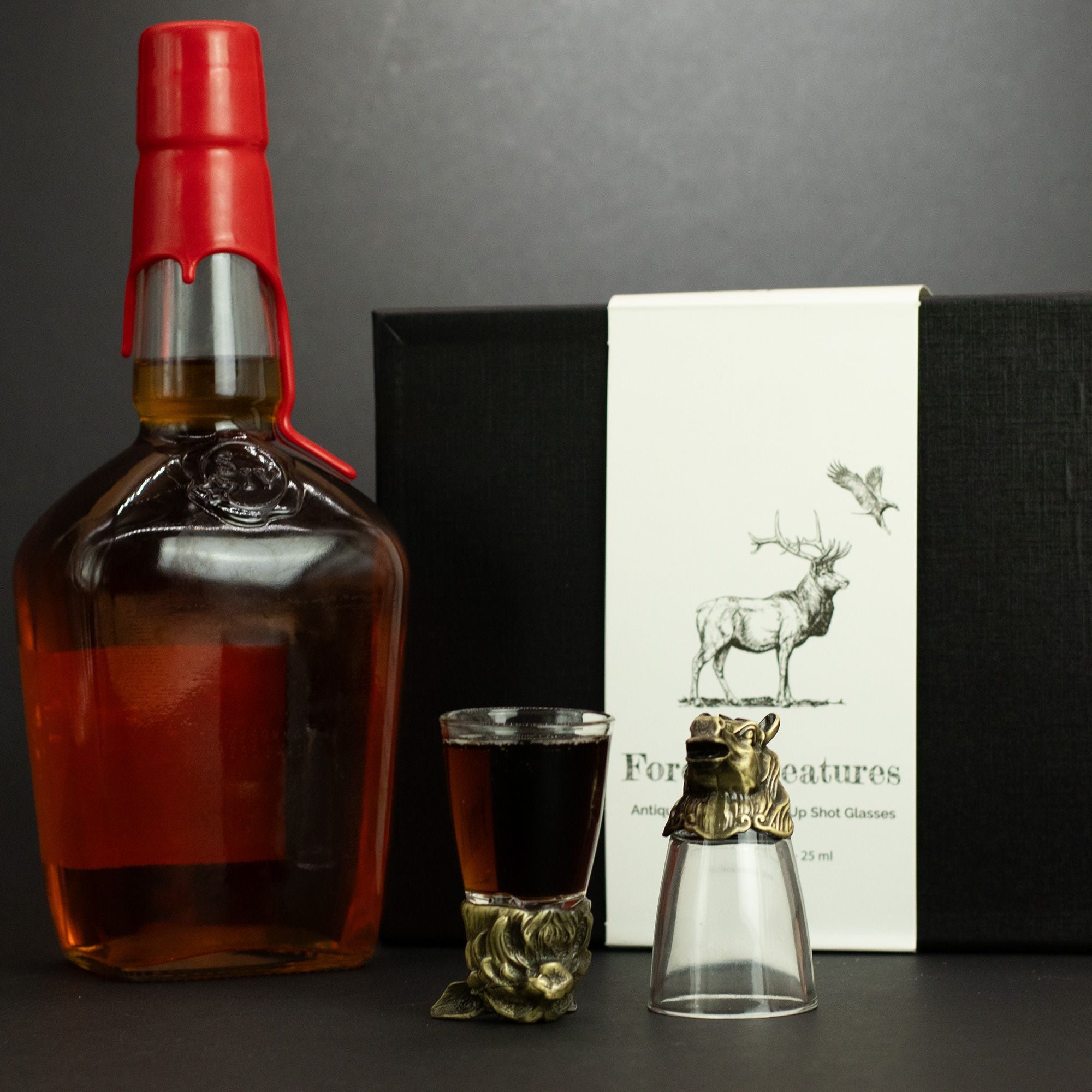 Gift Set of 12 Bottom Up Shot Glasses (25ml) - Forest Creatures - Antique Bronze Mystical