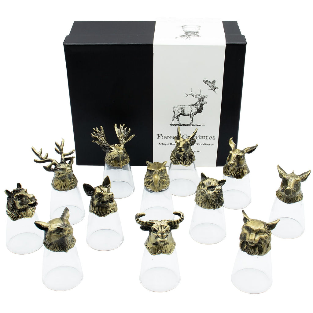 Gift Set of 12 Bottom Up Shot Glasses (25ml) - Forest Creatures - Antique Bronze Mystical