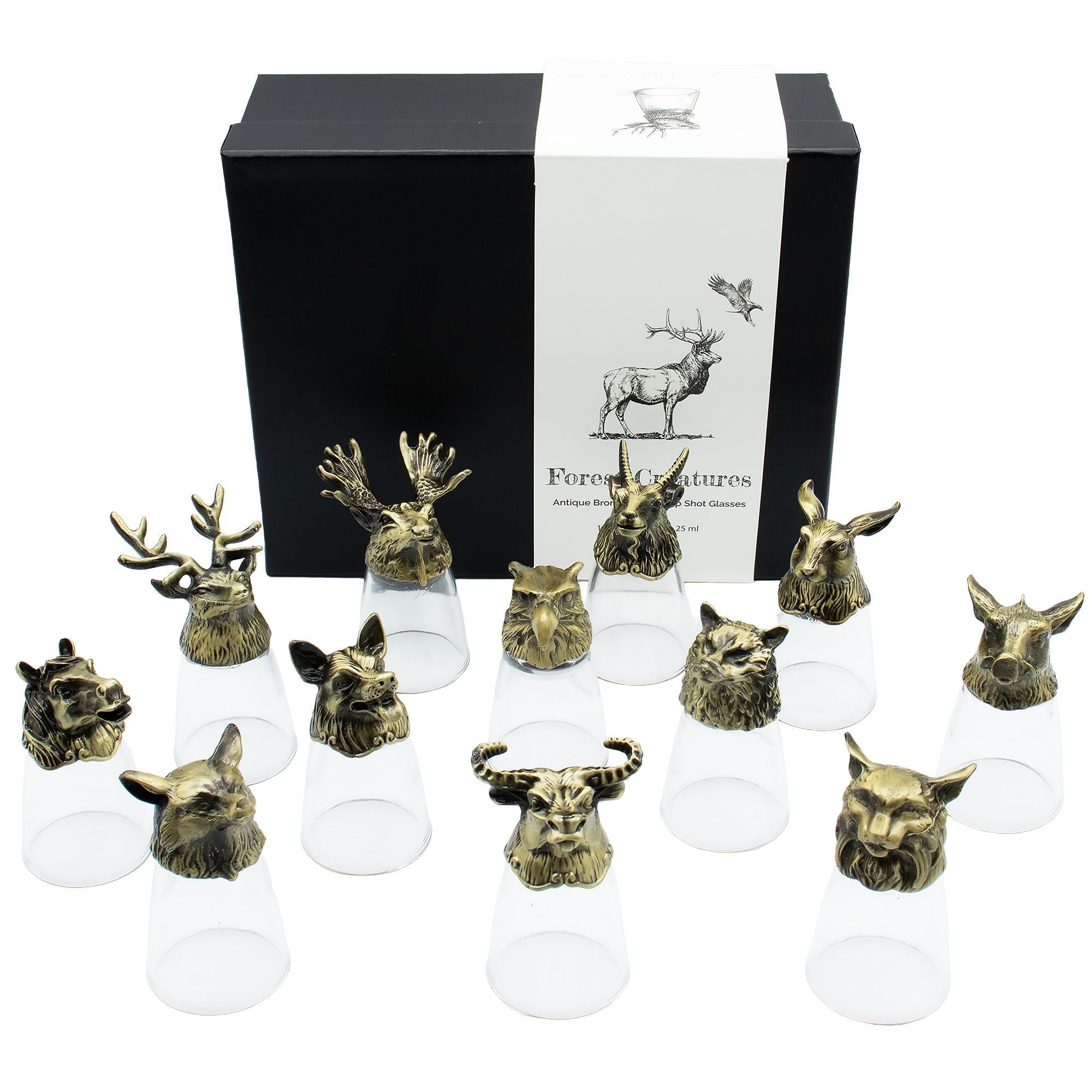 Gift Set of 12 Bottom Up Shot Glasses (25ml) - Forest Creatures - Antique Bronze Mystical
