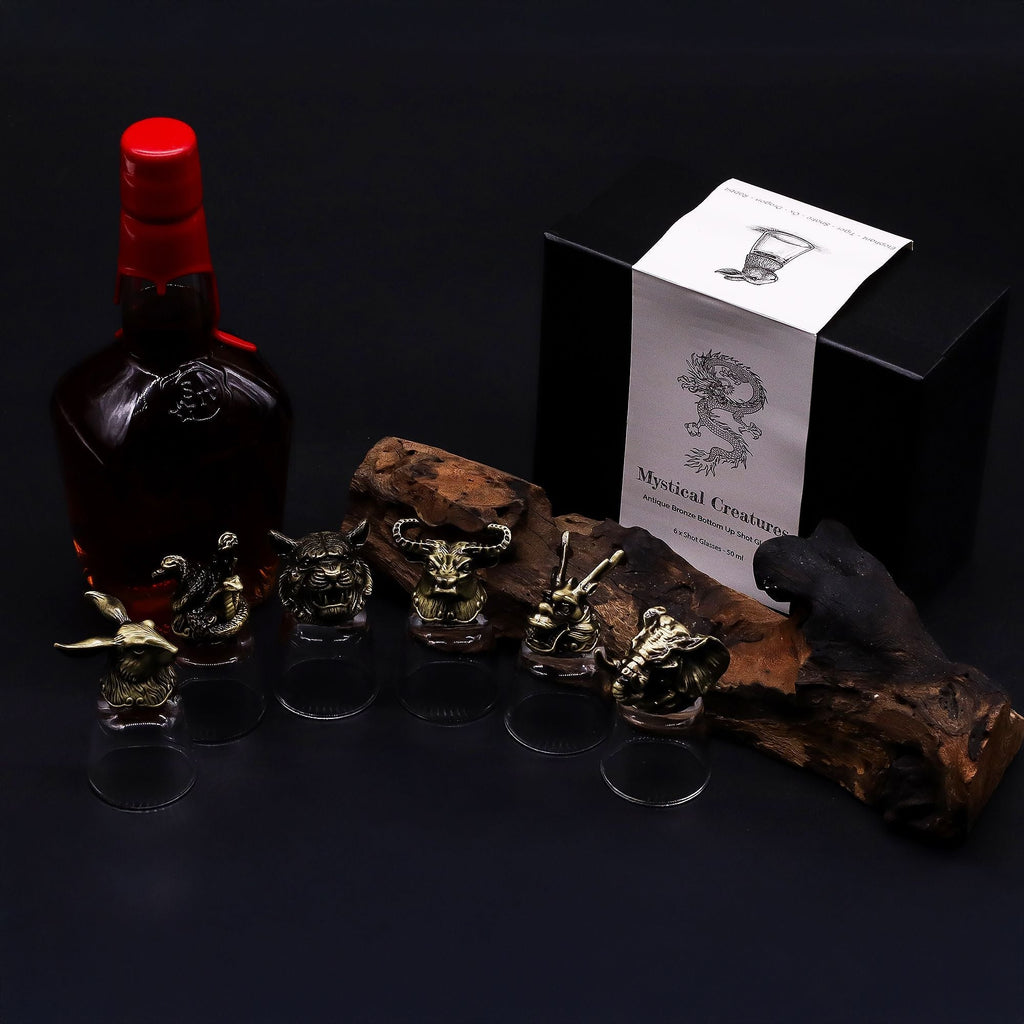 Gift Set of 6 Shot Glasses (50ml) - Wild Forest Creatures - Antique Bronze Mystical