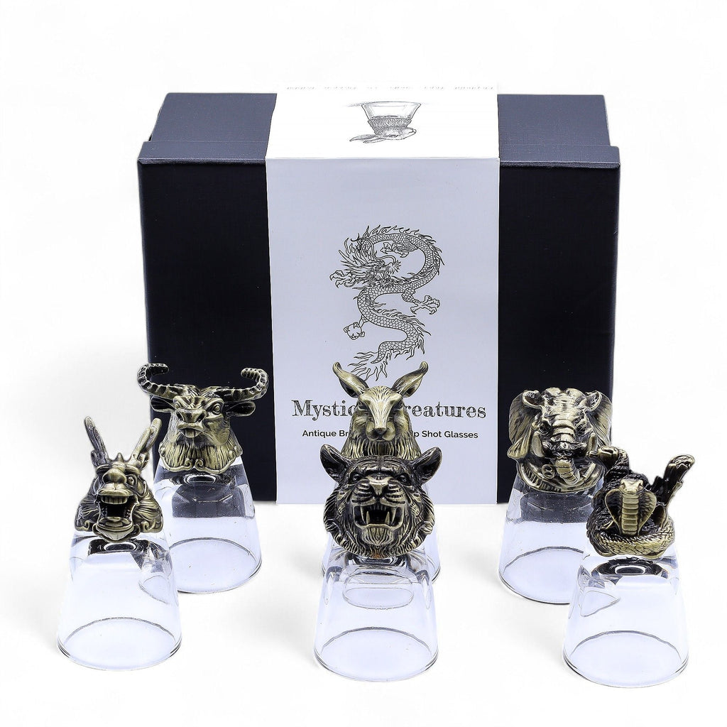 Gift Set of 6 Shot Glasses (50ml) - Wild Forest Creatures - Antique Bronze Mystical