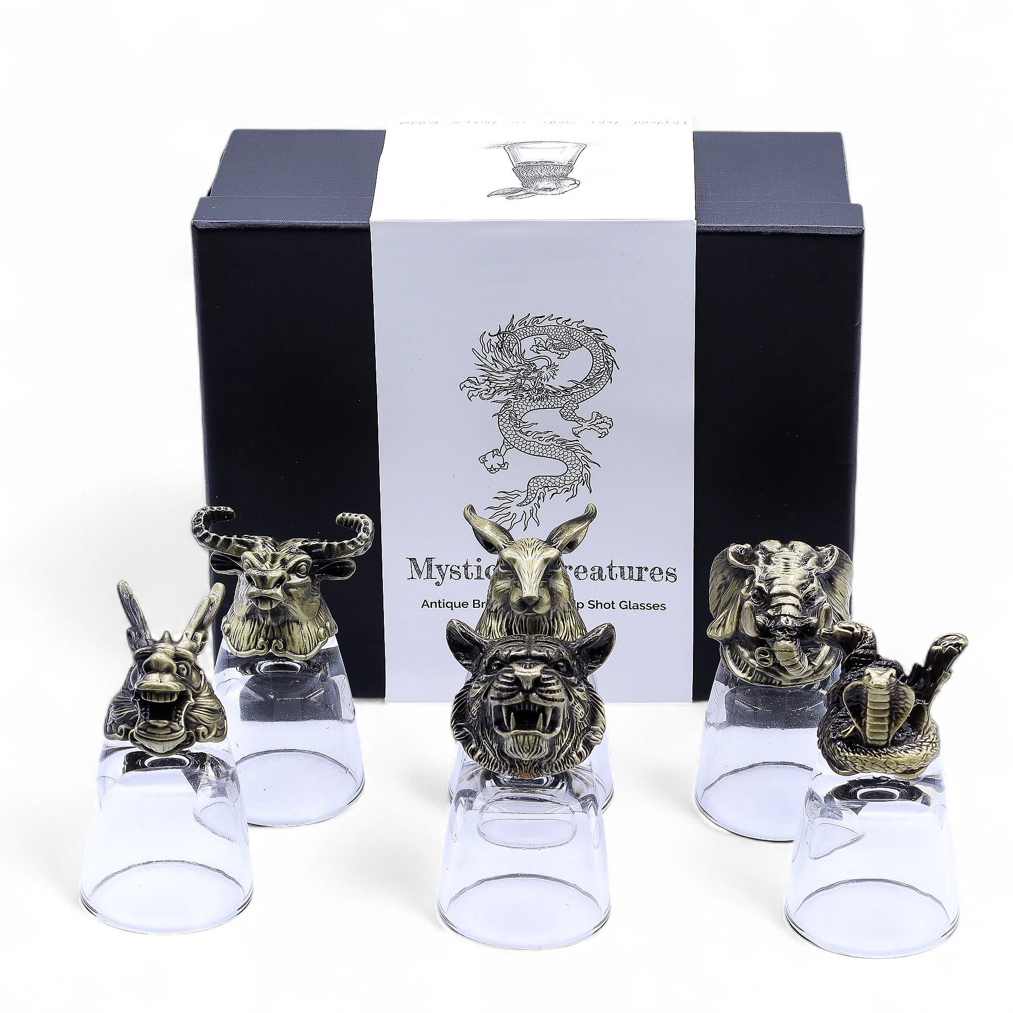 Gift Set of 6 Shot Glasses (50ml) - Wild Forest Creatures - Antique Bronze Mystical