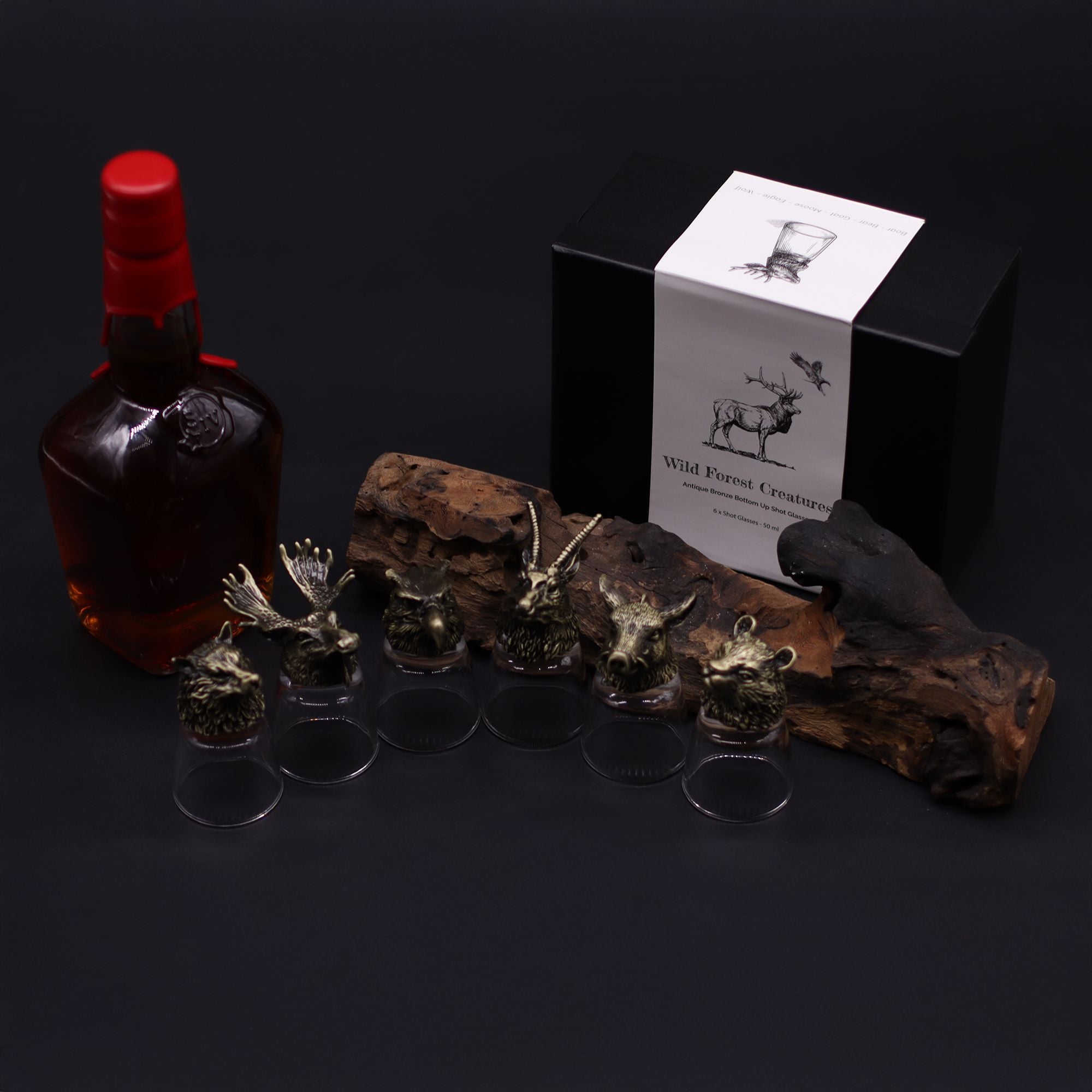 Gift Set of 6 Shot Glasses (50ml) - Wild Forest Creatures - Antique Bronze Mystical