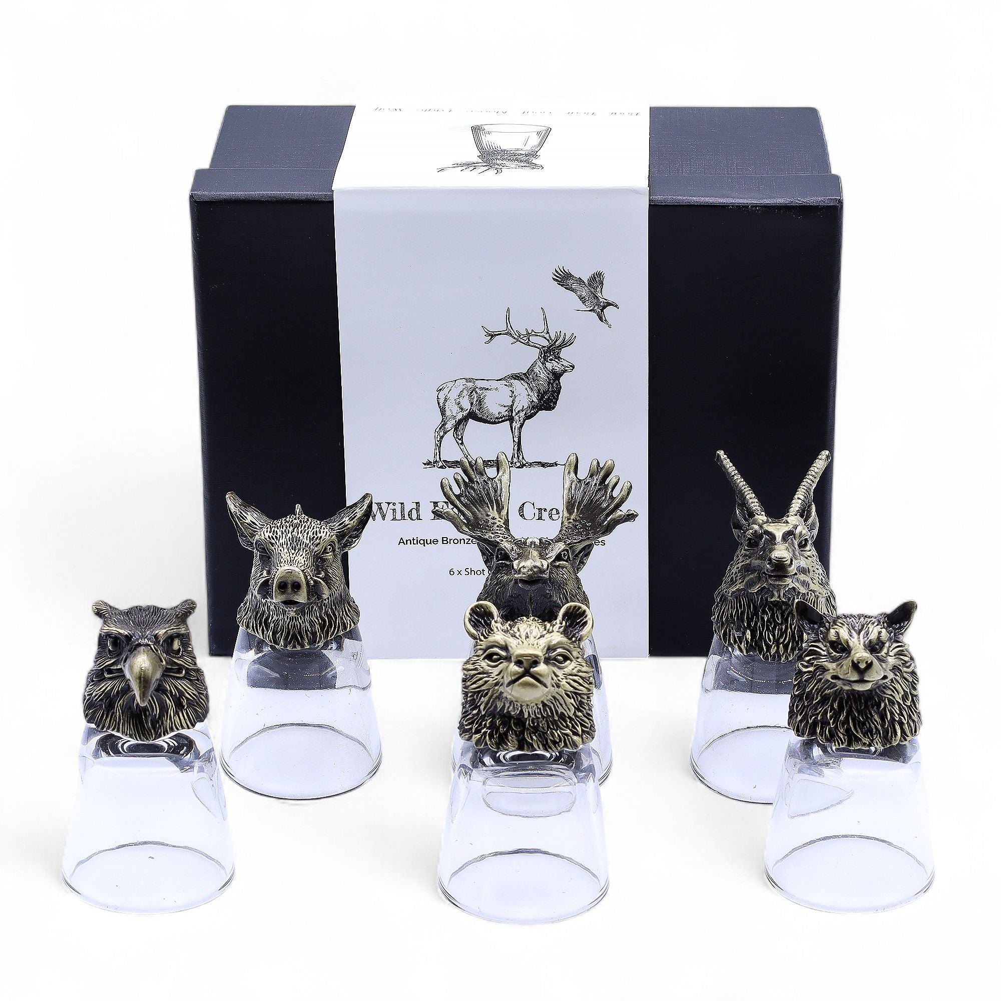 Gift Set of 6 Shot Glasses (50ml) - Wild Forest Creatures - Antique Bronze Mystical