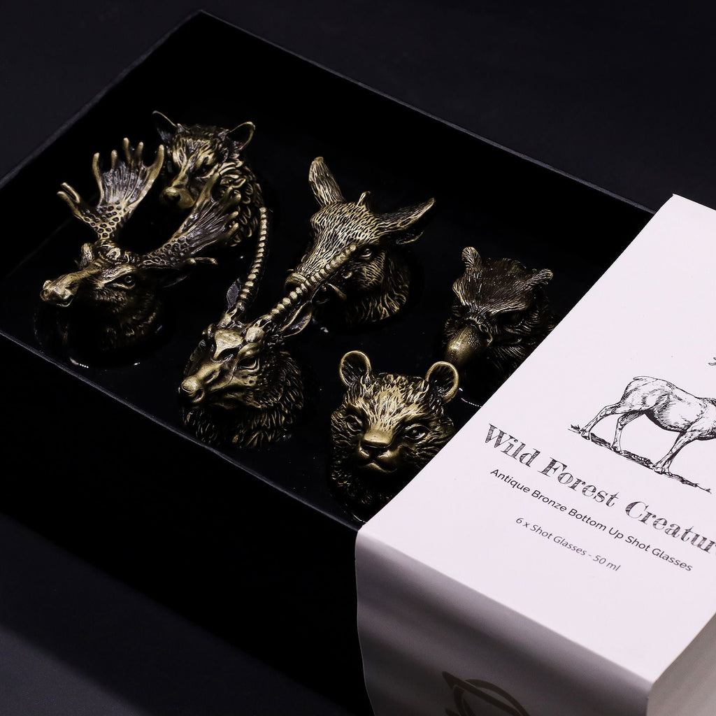 Gift Set of 6 Shot Glasses (50ml) - Wild Forest Creatures - Antique Bronze Mystical