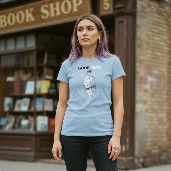 A woman stands on a city sidewalk in front of a brick bookshop storefront, wearing a light blue graphic T-shirt, dark ripped jeans, and brown lace-up boots.