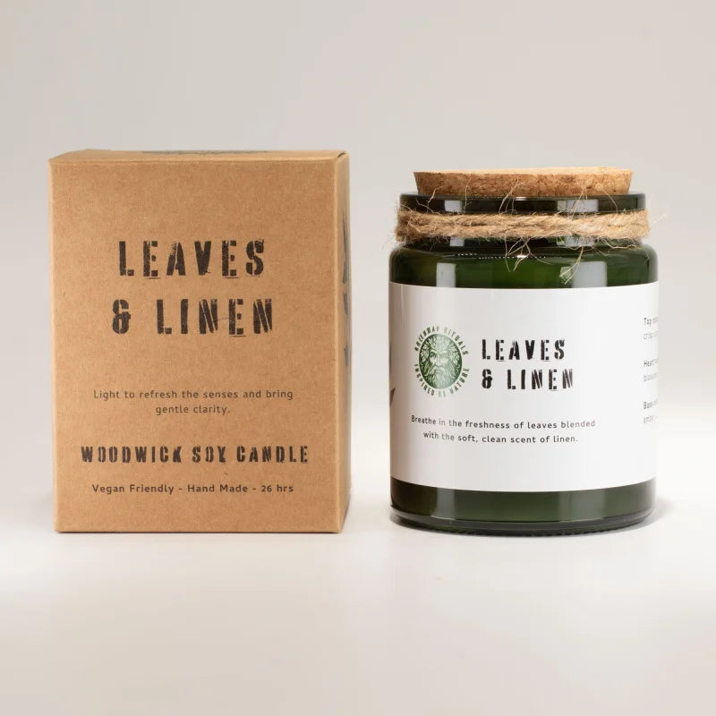 Greenman Woodwick Soy Candle - Leaves & Linen Rituals Candles