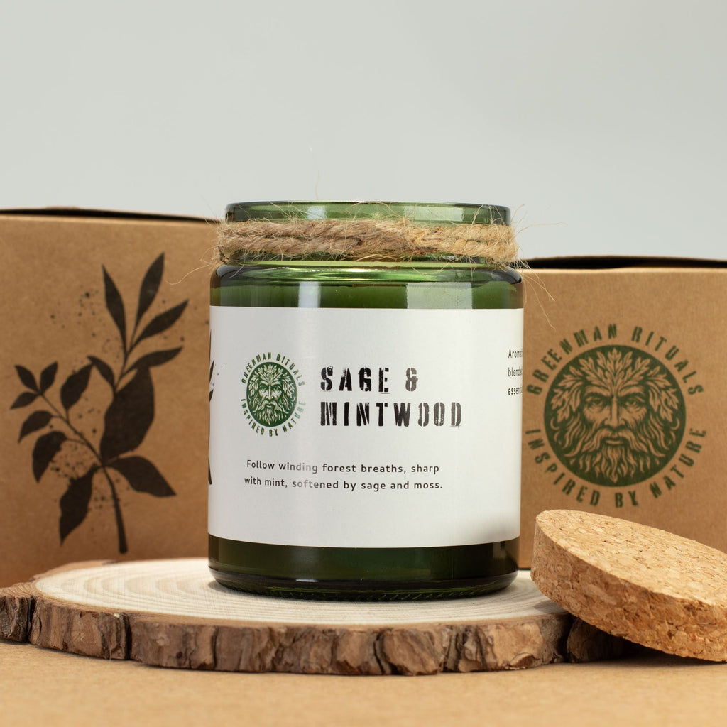 Greenman Woodwick Soy Candle - Sage & Mintwood Rituals Candles