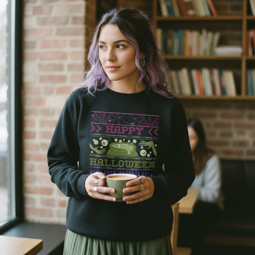 'Happy Halloween Witches' Ugly Knitted Jumper Design Halloween Sweatshirt