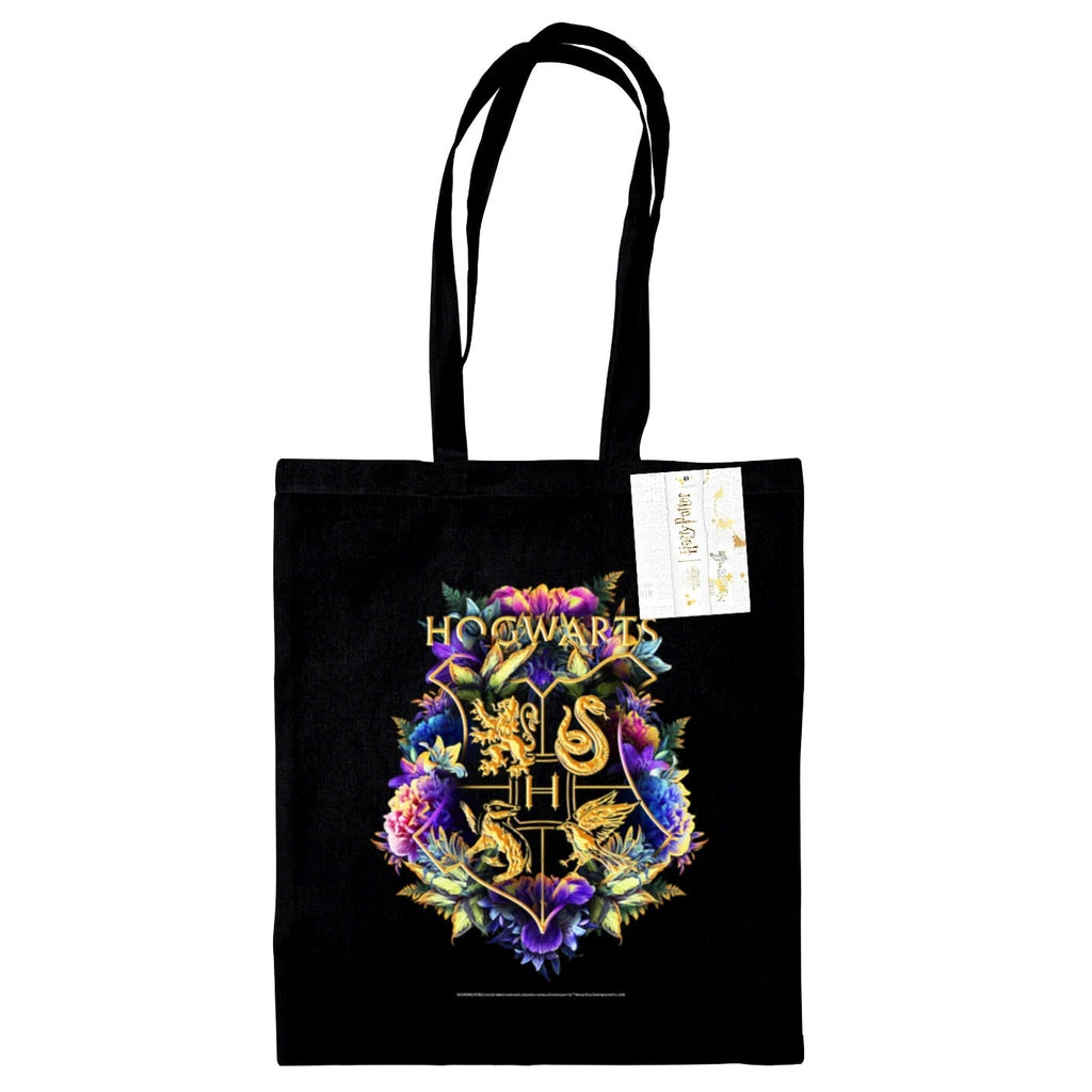 Harry Potter (Hogwarts Crest Watercolour) Black Tote Bag Bags
