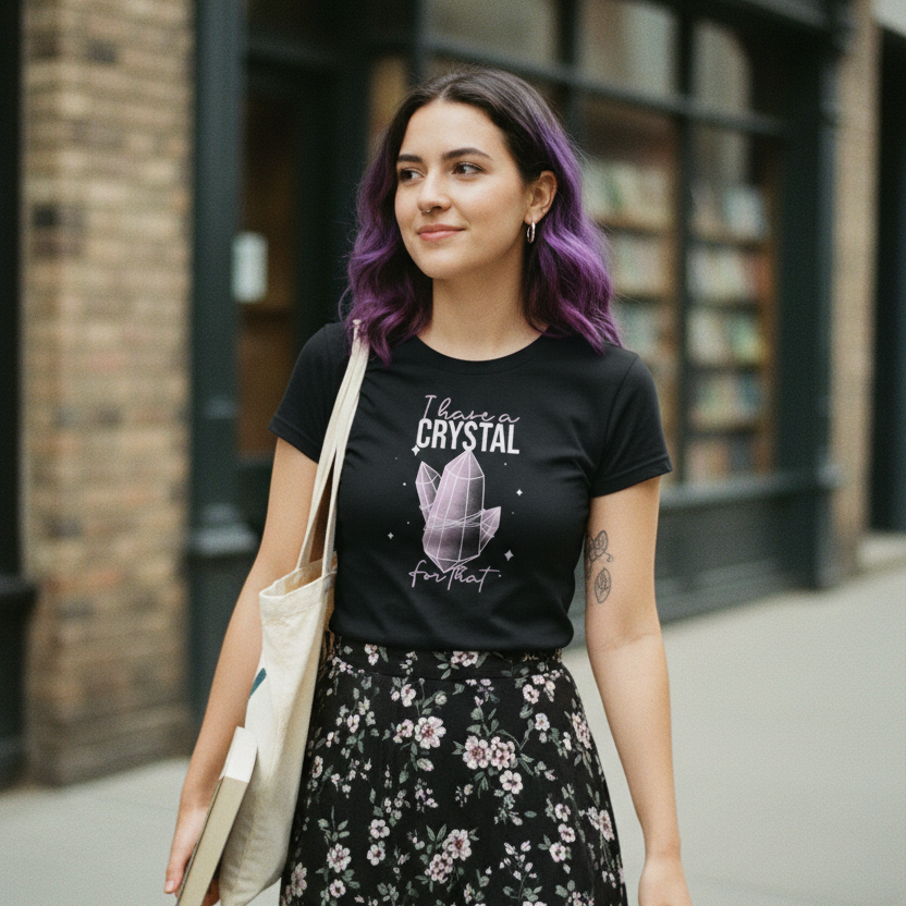 A woman with purple hair stands on a city sidewalk wearing a black graphic T-shirt that reads 'CRYSTAL' with a crystal illustration, paired with a black floral maxi skirt and a cream tote bag.