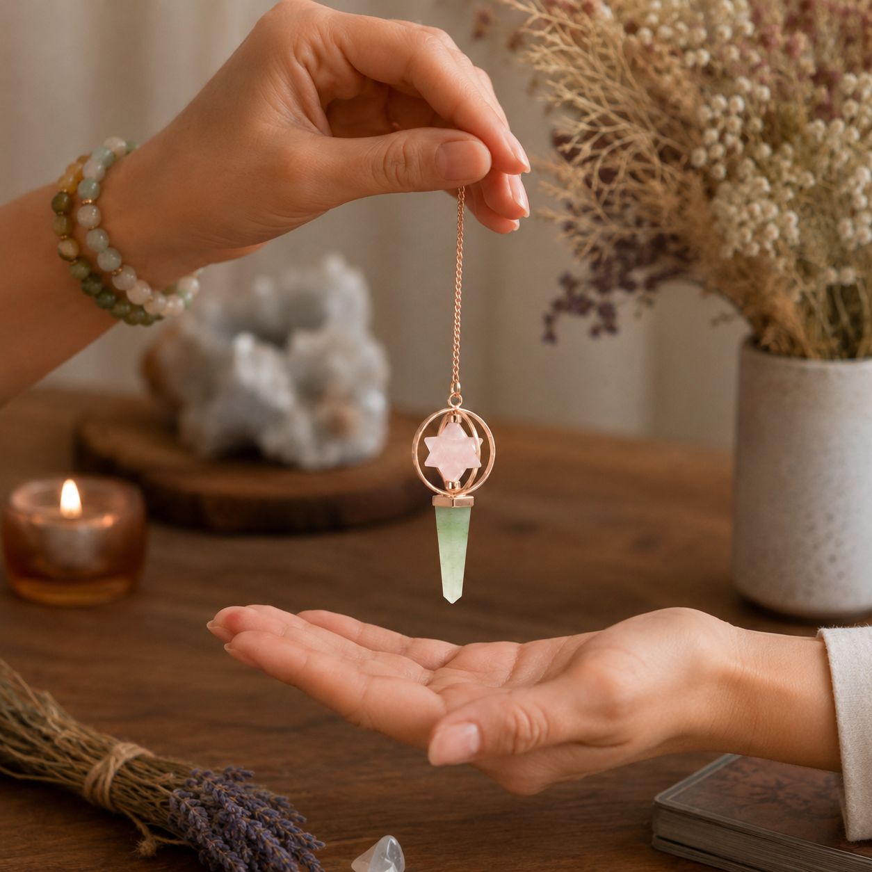 Heart Compass- Two Piece Spinning Merkaba Star in Copper Pendulum - Rose Quartz & Green Aventurine Special Gemstone