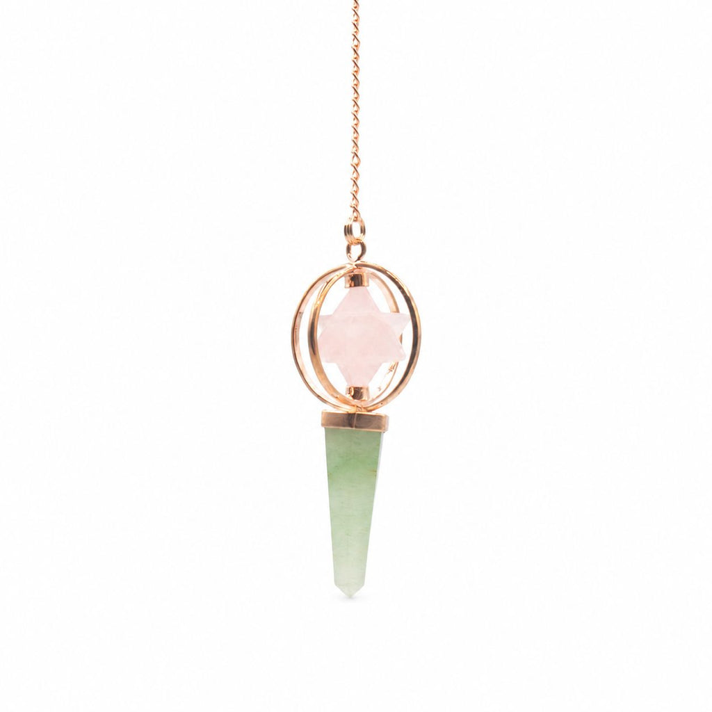 Heart Compass- Two Piece Spinning Merkaba Star in Copper Pendulum - Rose Quartz & Green Aventurine Special Gemstone