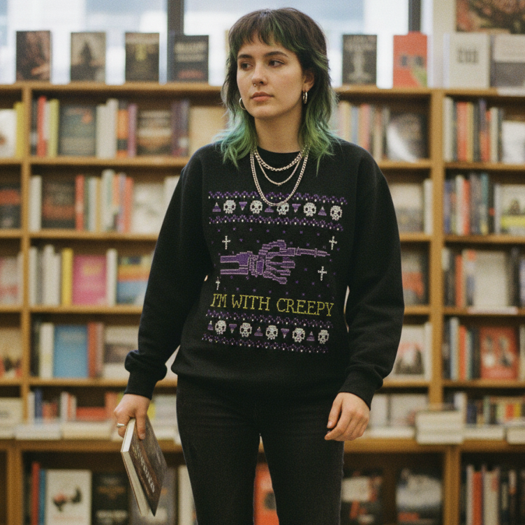 'I'm With Creepy' Ugly Knitted Jumper Design Halloween Sweatshirt