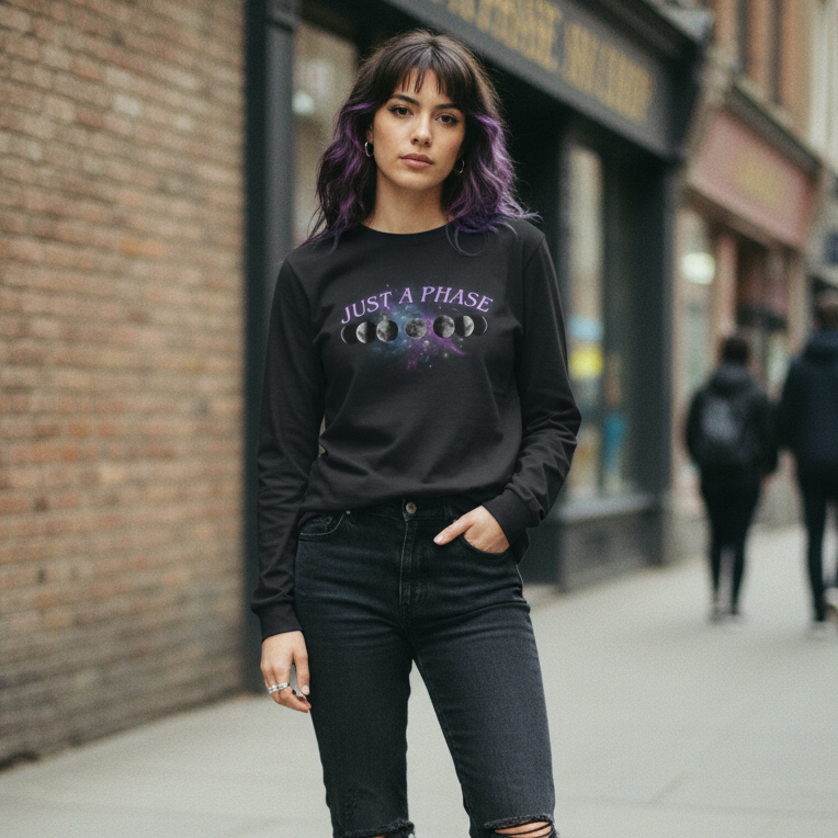 Just a Phase Moon Lunar Long Sleeve T-Shirt – Classic Crew Neck Print Material