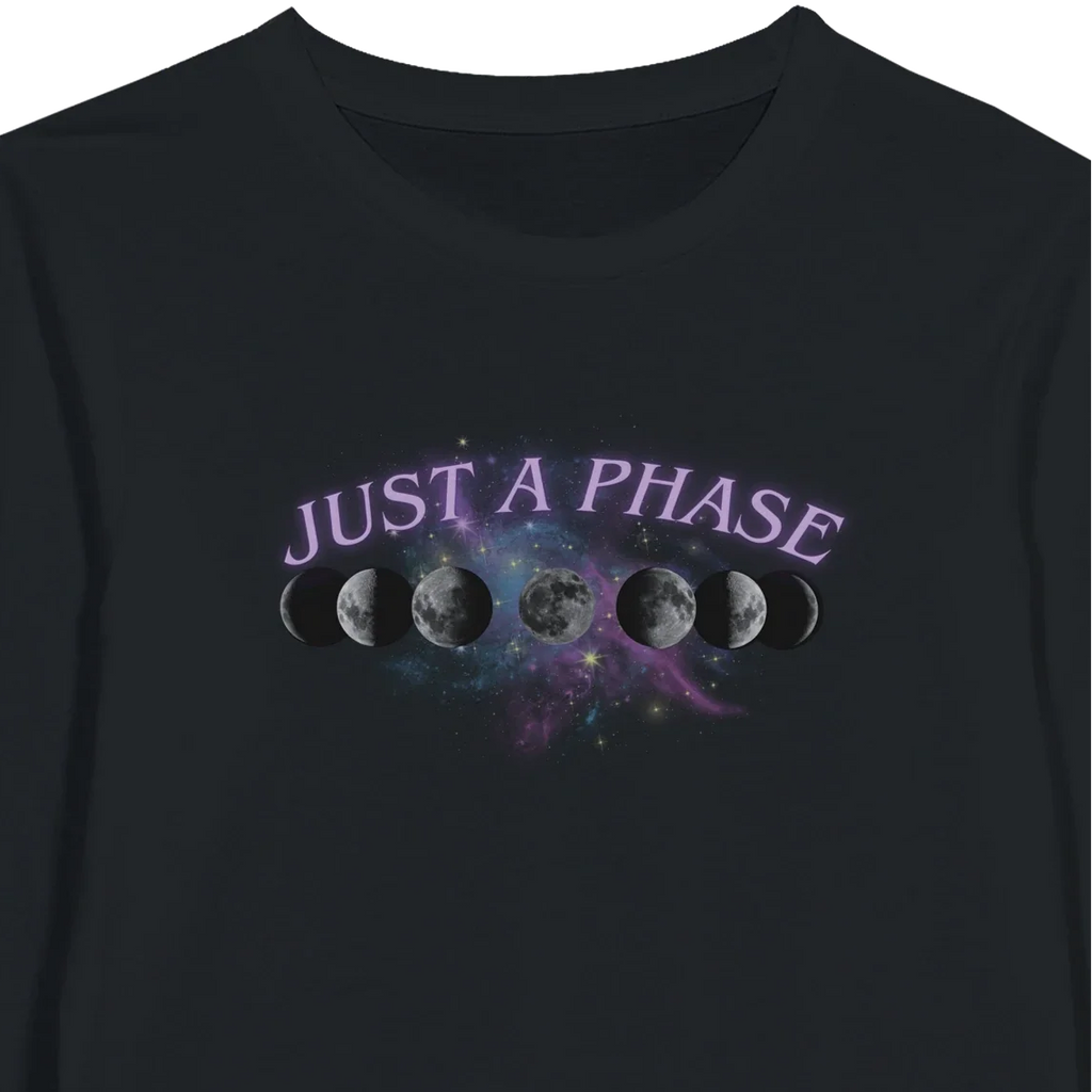 Just a Phase Moon Lunar Long Sleeve T-Shirt – Classic Crew Neck Print Material