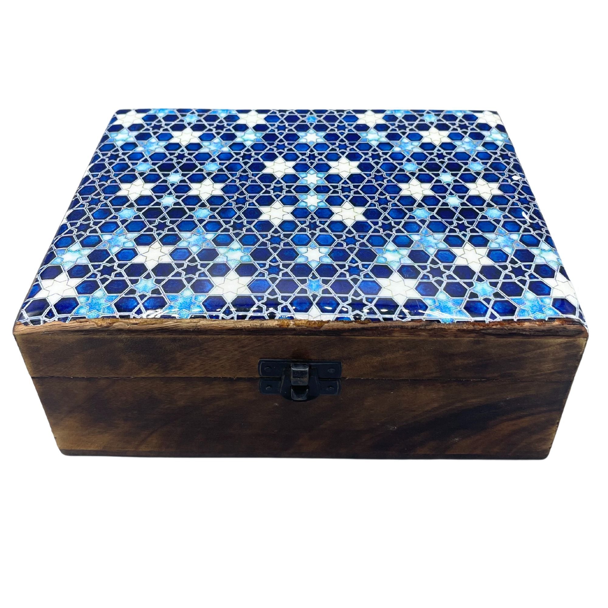 Large Ceramic Glazed Wood Box - 20x15x7.5cm - Blue Stars Wooden Boxes